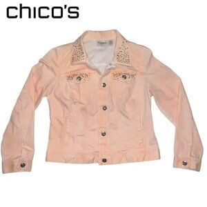 Chico's Platinum Collection Peach Embellished Denim jacket, Size M, EUC